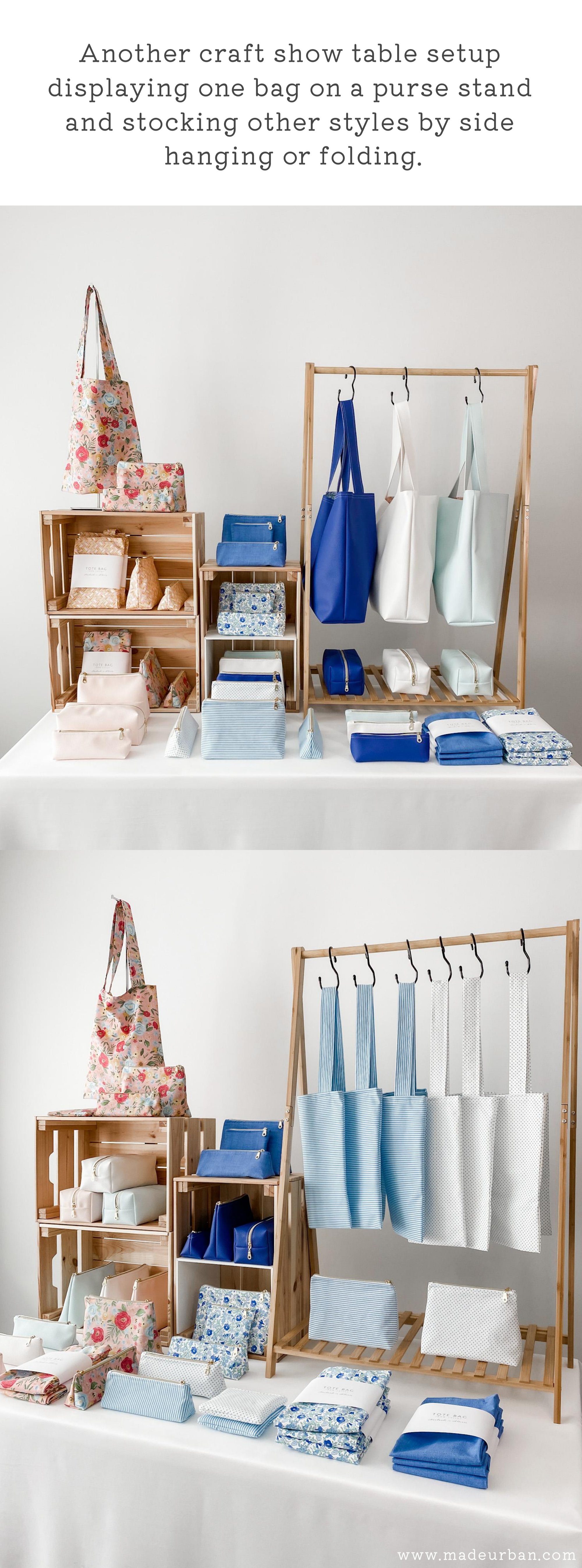 Kids' clothes rack to display tote bags at a craft show