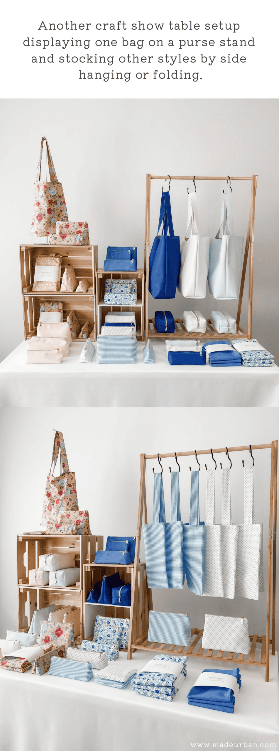 Kids' clothes rack to display tote bags at a craft show