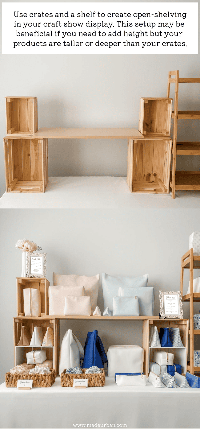 A shelf placed on top of crates in a craft show display