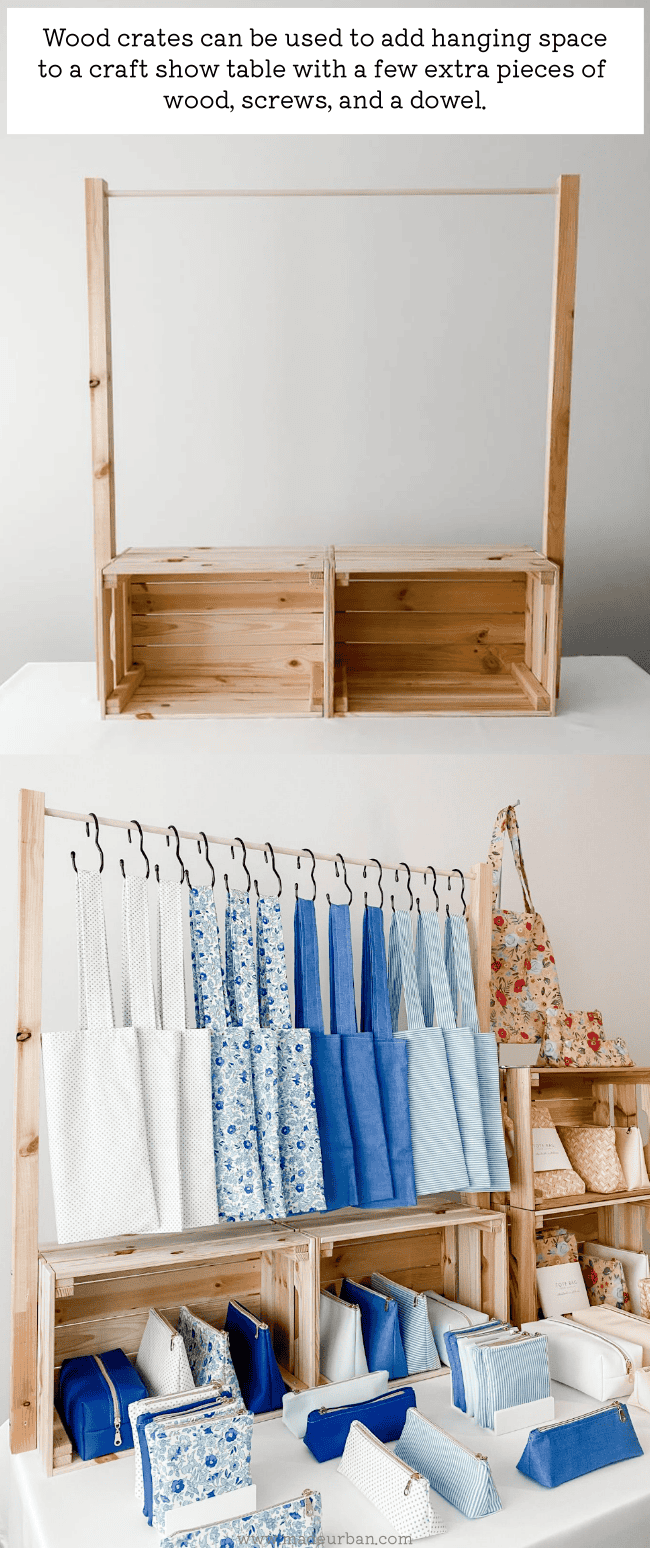 Wood crates used to add hanging space to a craft show table