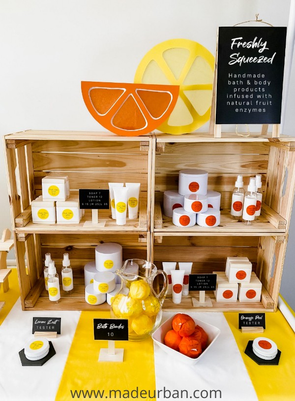 bath & body craft show display with stacked crates