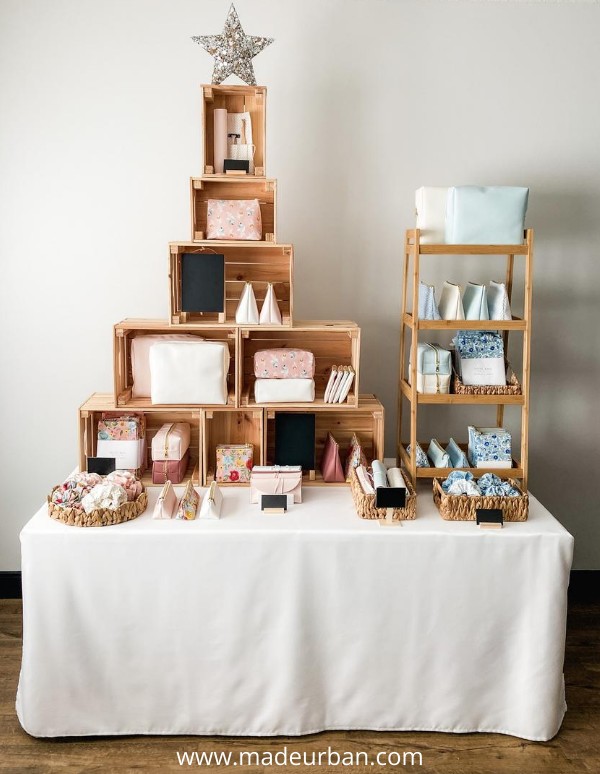 Bags displayed in stacked crates