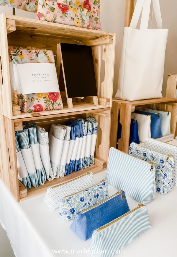 Tote bags folded and stacked sideways